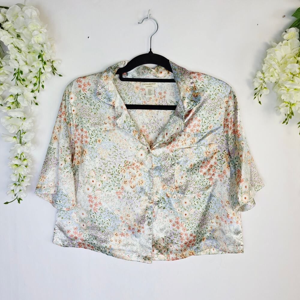 Cynthia Rowley Sleepwear Pajama Top Medium Floral Satin Button Up Cottage Pastel - Picture 2 of 10
